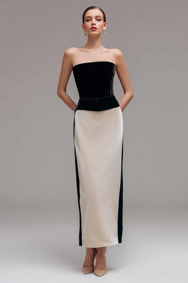 Load image into Gallery viewer, Black and Champagne Patchwork Sheath Long Holiday Party Dress