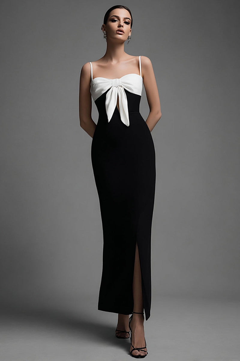 Load image into Gallery viewer, Black and White Spaghetti Straps Sheath Bow Long Formal Dress with Slit
