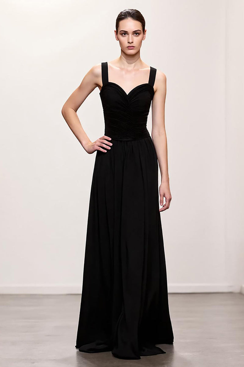 Load image into Gallery viewer, Simple Black Ruched A Line Long Evening Dress