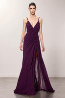 Load image into Gallery viewer, Purple Spaghetti Straps Chiffon A Line Ruched Long Evening Dress with Slit