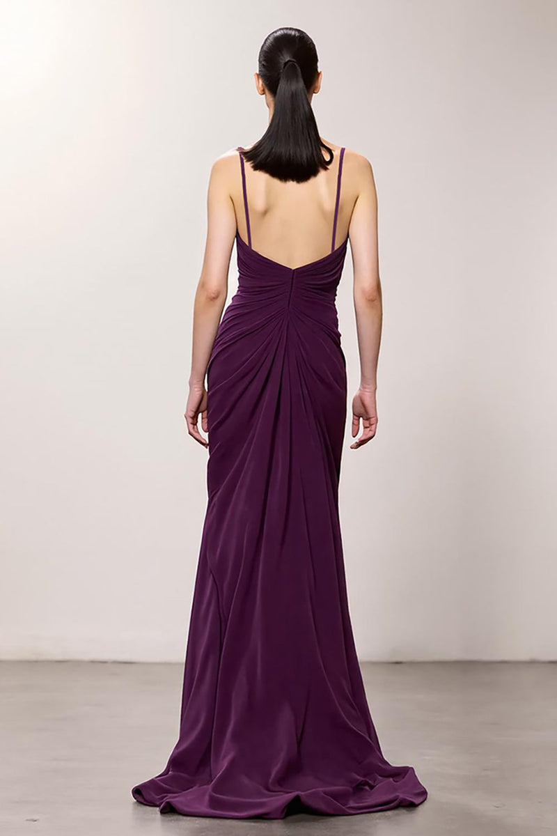 Load image into Gallery viewer, Purple Spaghetti Straps Chiffon A Line Ruched Long Evening Dress with Slit