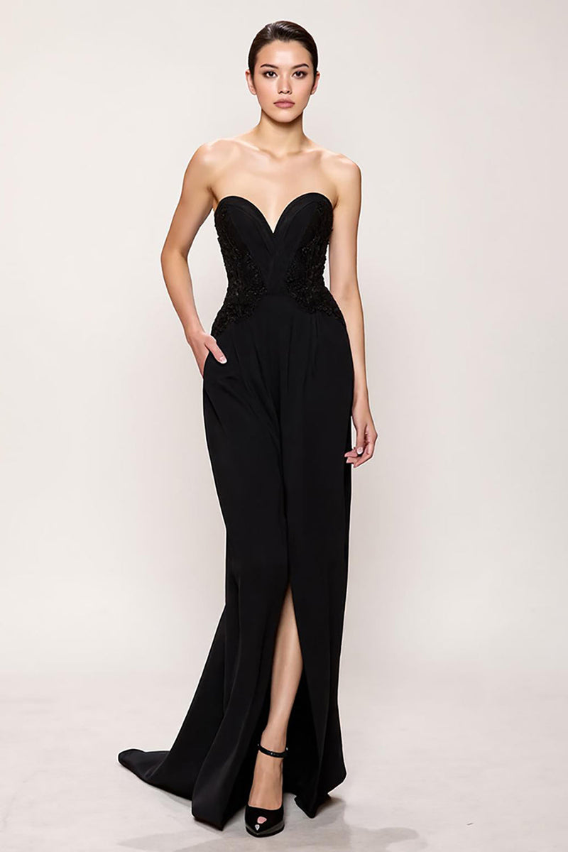 Load image into Gallery viewer, Black Sweetheart Sheath Long Evening Dress with Slit