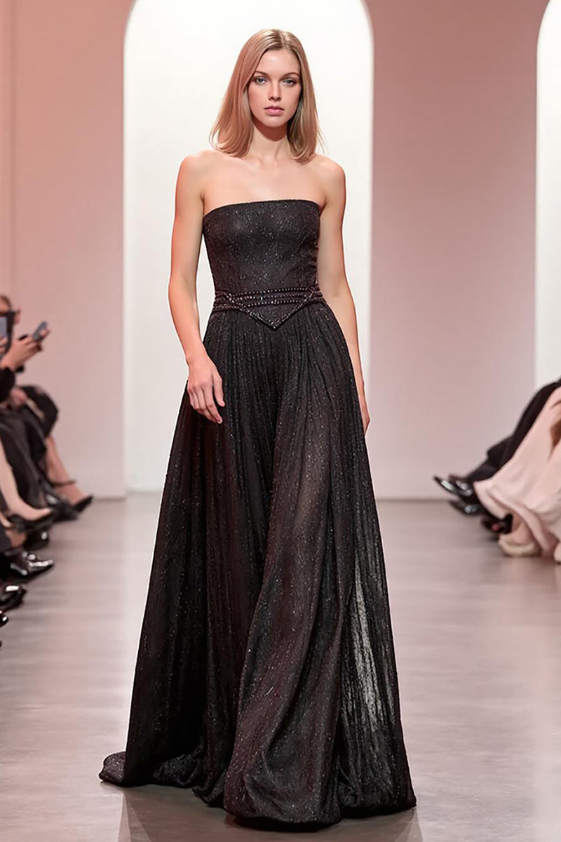Load image into Gallery viewer, Sparkly Black Strapless A Line Long Evening Dress