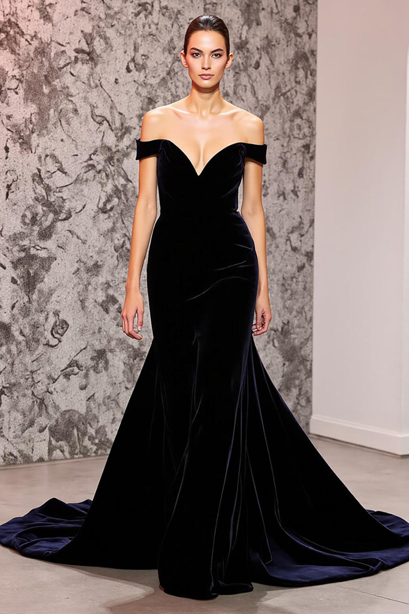 Load image into Gallery viewer, Black Velvet Mermaid Off the Shoulder Sweep Train Evening Dress