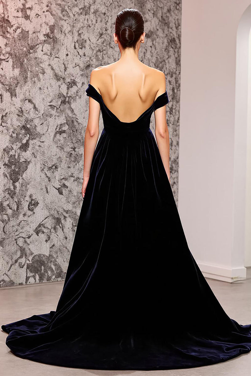 Load image into Gallery viewer, Black Velvet Mermaid Off the Shoulder Sweep Train Evening Dress