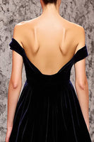 Load image into Gallery viewer, Black Velvet Mermaid Off the Shoulder Sweep Train Evening Dress