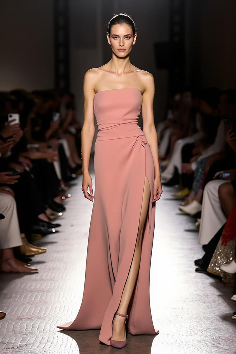 Load image into Gallery viewer, Pink Ruched Strapless Long Evening Dress with Slit