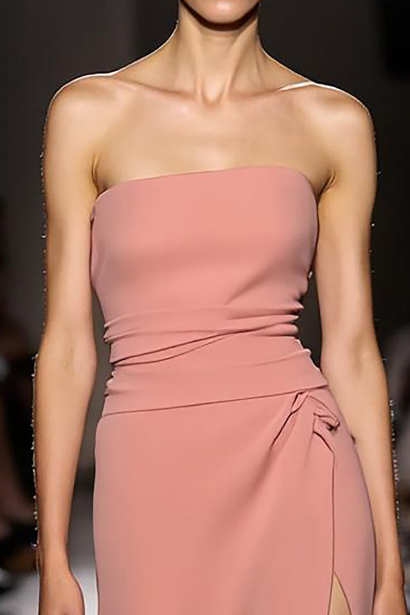 Load image into Gallery viewer, Pink Ruched Strapless Long Evening Dress with Slit
