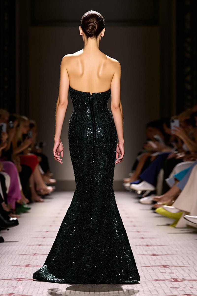 Load image into Gallery viewer, Sparkly Black Sheath Sequins Strapless Maxi Evening Dress