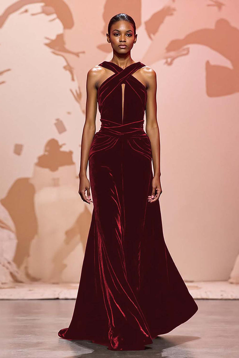 Load image into Gallery viewer, Simple Black Keyhole Velvet Long Evening Dress