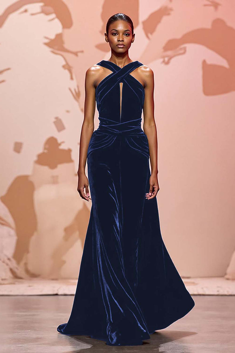 Load image into Gallery viewer, Simple Black Keyhole Velvet Long Evening Dress