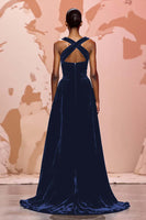 Load image into Gallery viewer, Simple Black Keyhole Velvet Long Evening Dress