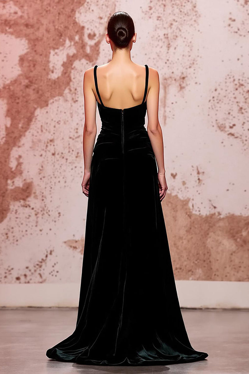 Load image into Gallery viewer, Simple Black Velvet Spaghetti Straps Long Evening Dress