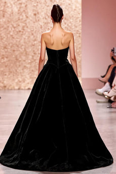 Simple Black Strapless A Line Velvet Long Evening Dress
