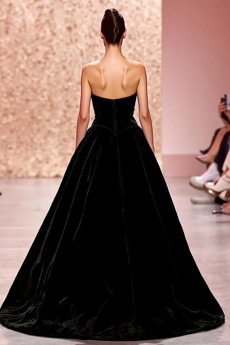 Load image into Gallery viewer, Simple Black Strapless A Line Velvet Long Evening Dress