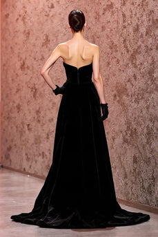 Simple Black Strapless Velvet Long Evening Dress with Slit