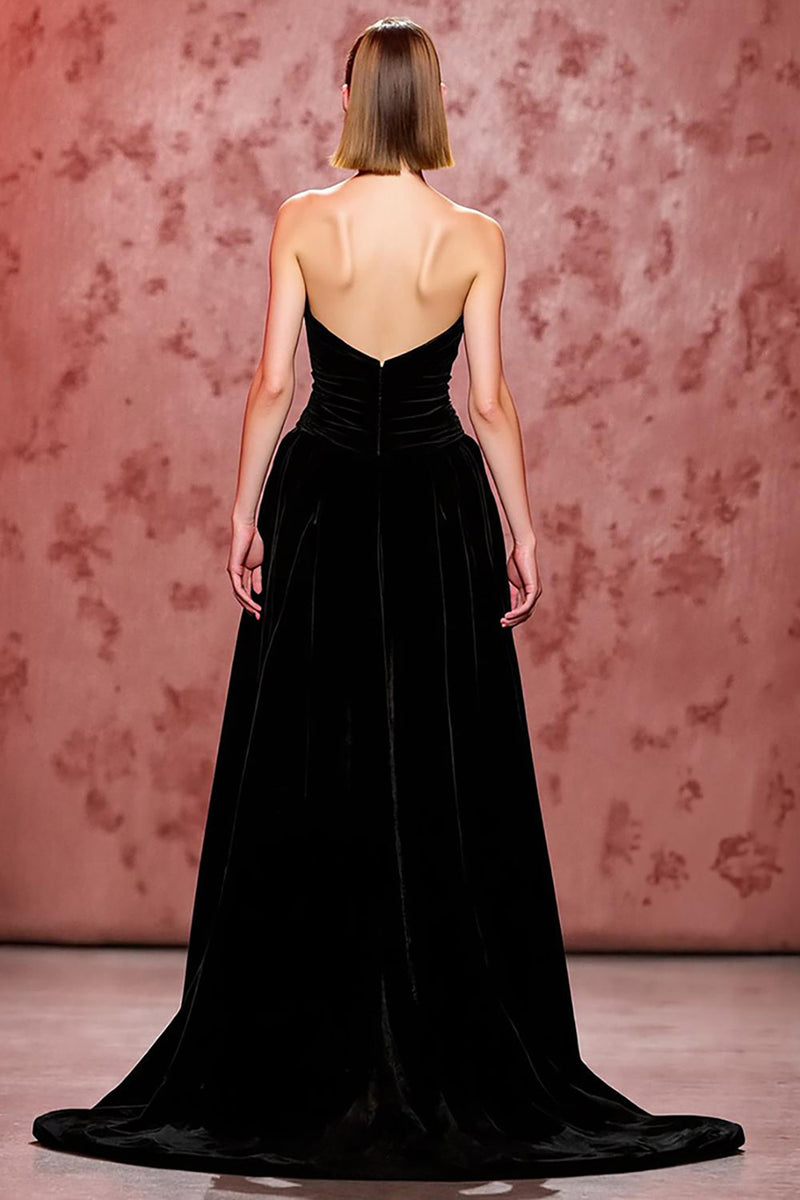Load image into Gallery viewer, Simple Black Long Strapless Velvet Evening Dress with Slit