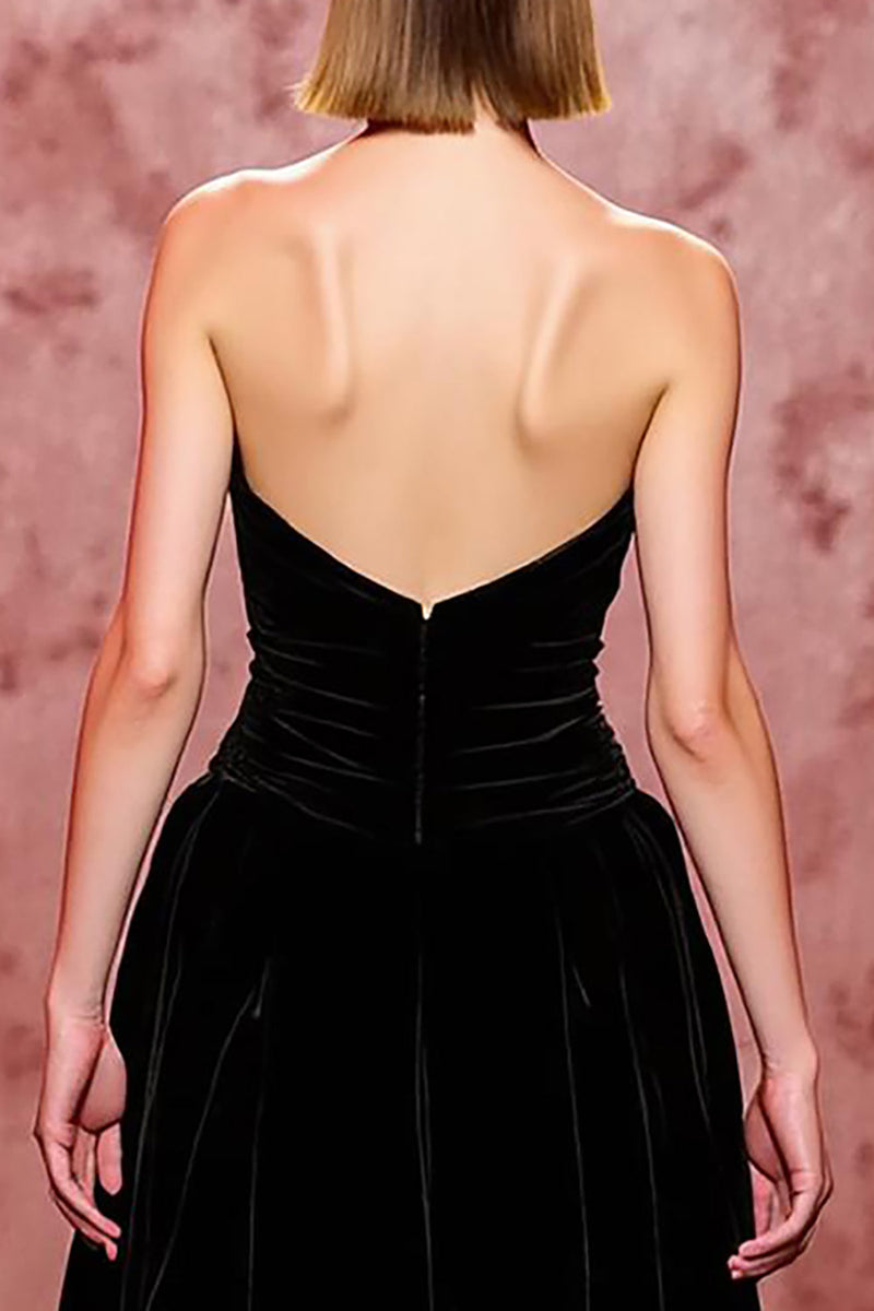 Load image into Gallery viewer, Simple Black Long Strapless Velvet Evening Dress with Slit
