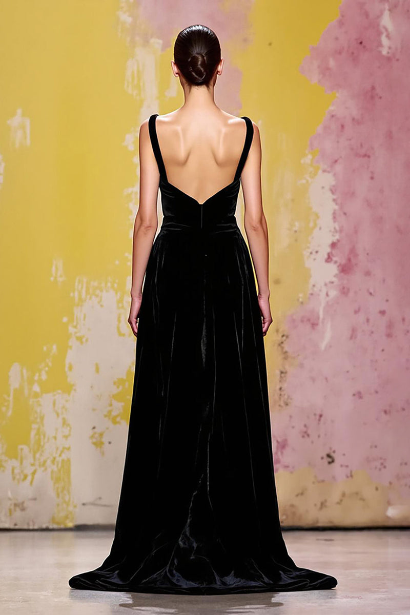Load image into Gallery viewer, Simple Black Long Velvet Sheath Evening Dress