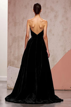 Simple Black Backless Velvet Long Evening Dress