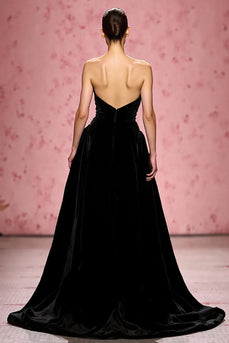 Simple Black Velvet A Line Strapless Long Evening Dress with Slit