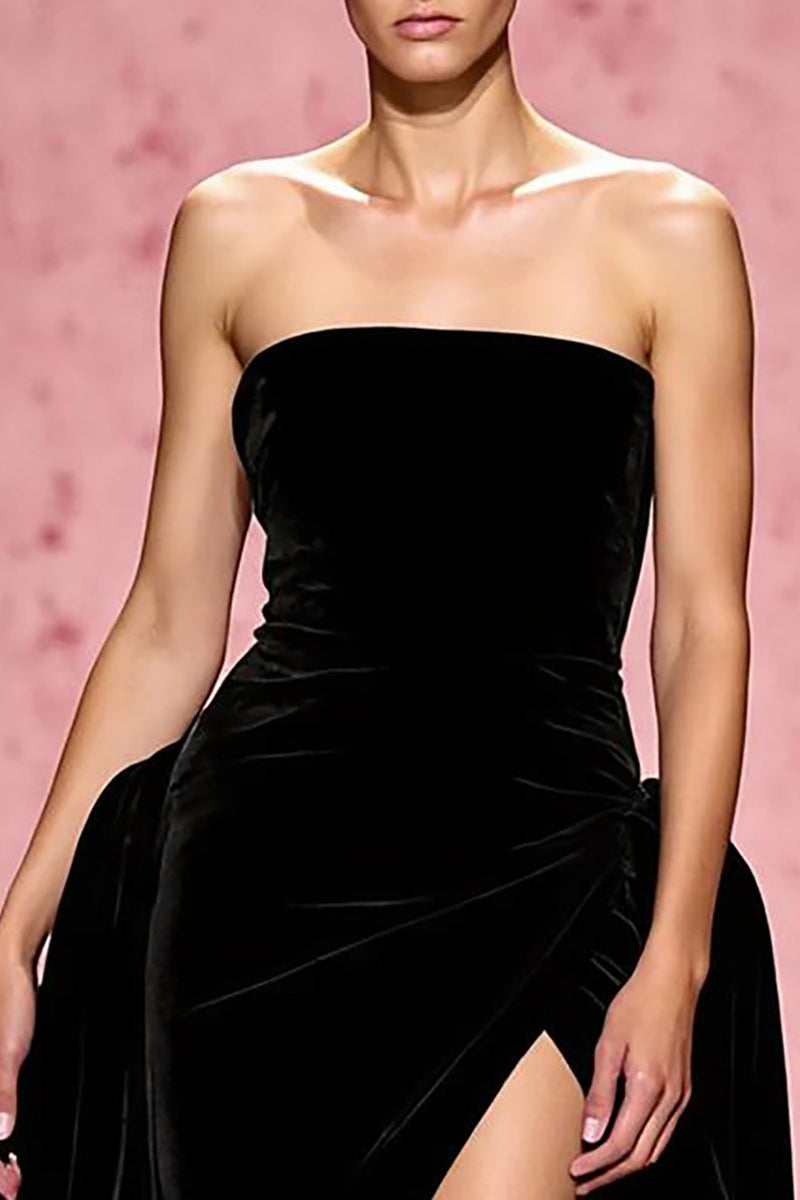 Load image into Gallery viewer, Simple Black Velvet A Line Strapless Long Evening Dress with Slit