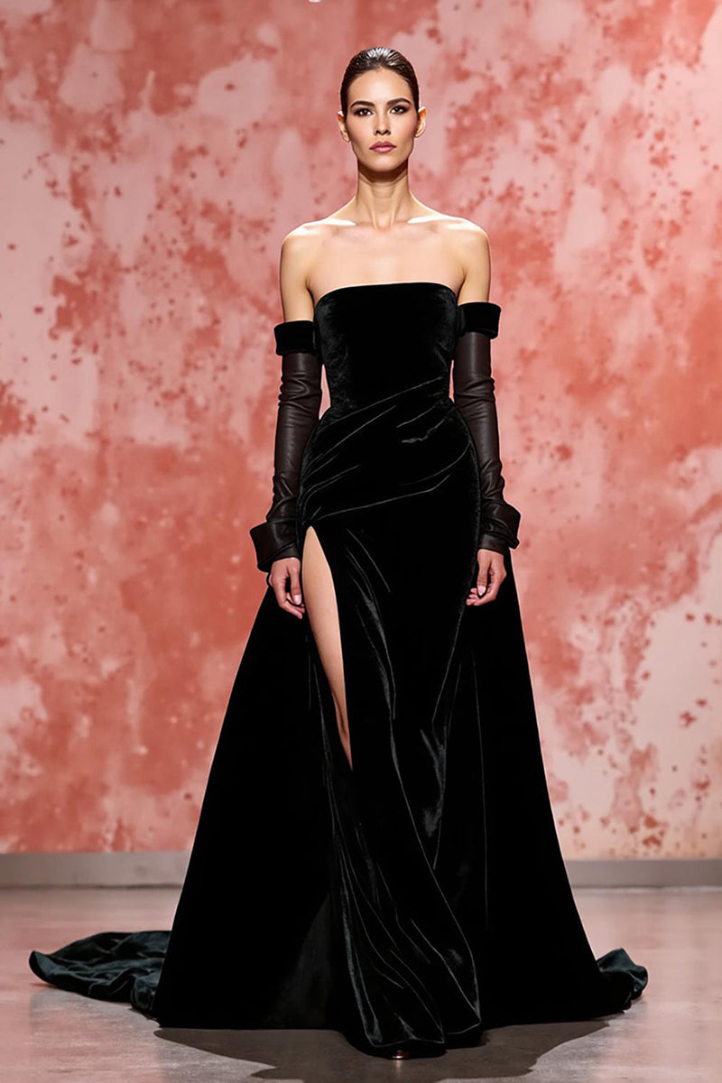 Load image into Gallery viewer, Black Strapless A Line Long Velvet Evening Dress with Slit