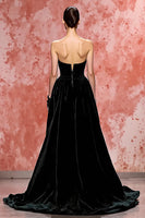 Load image into Gallery viewer, Black Strapless A Line Long Velvet Evening Dress with Slit