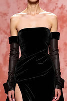 Load image into Gallery viewer, Black Strapless A Line Long Velvet Evening Dress with Slit