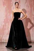 Load image into Gallery viewer, Simple Black A Line Strapless Long Velvet Evening Dress