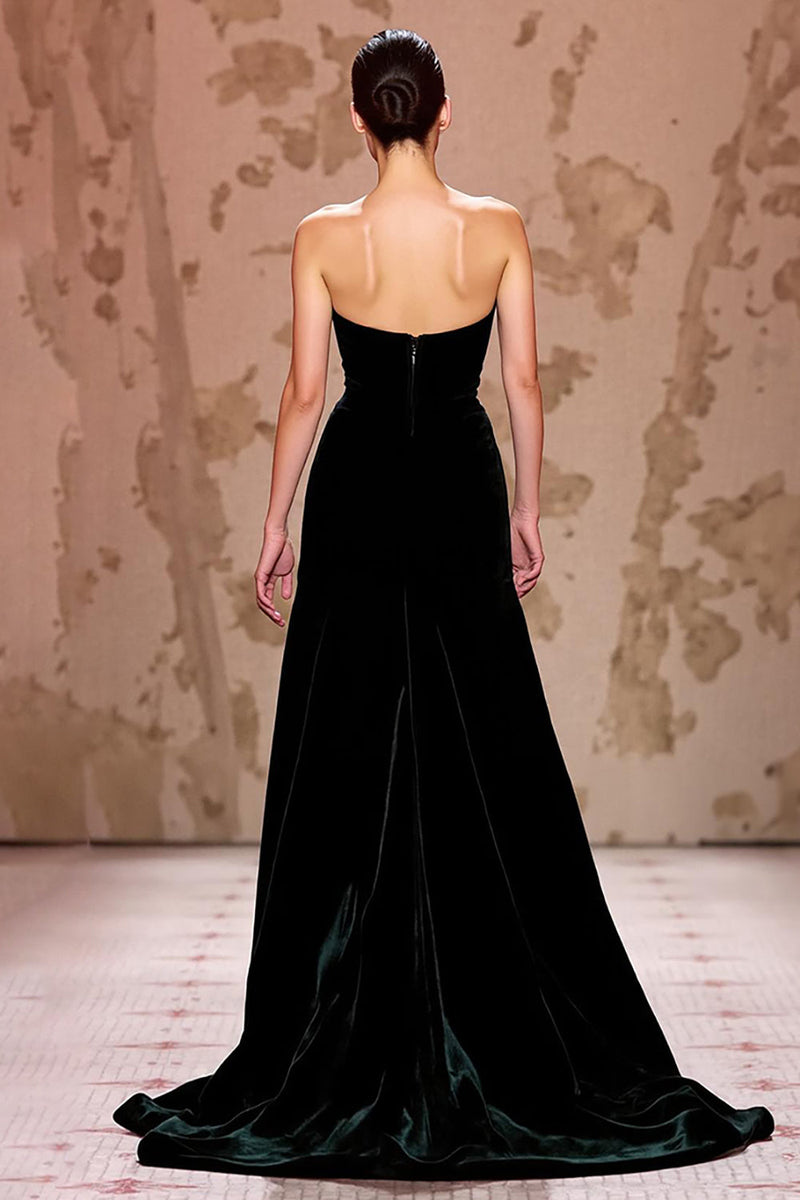 Load image into Gallery viewer, Simple Velvet Black Long Strapless Evening Dress with Slit