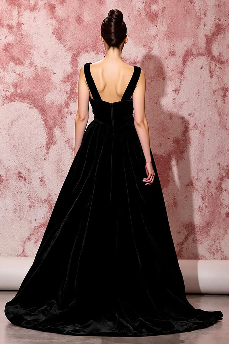 Load image into Gallery viewer, Simple Black Velvet A Line Long Evening Dress