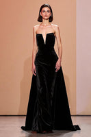 Load image into Gallery viewer, Simple Black Long Velvet Strapless Evening Dress