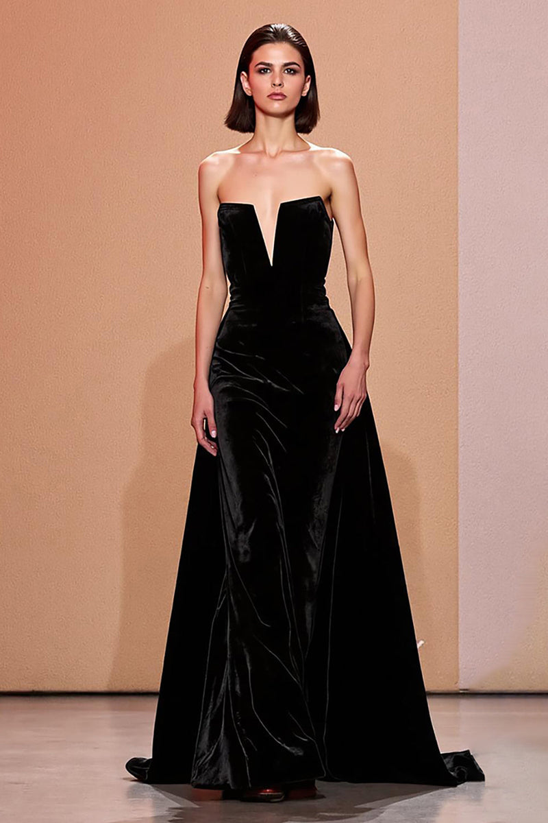Load image into Gallery viewer, Simple Black Long Velvet Strapless Evening Dress