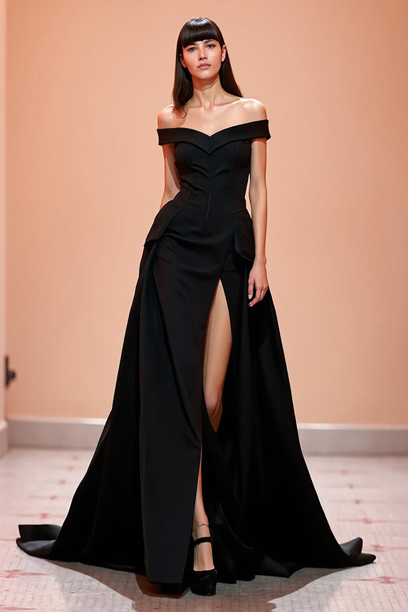 Queendancer Women Black Corset Long Evening Dress with Slit Off the Shoulder  A Line Black Tie Dress – queendanceruk