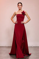 Load image into Gallery viewer, Red Floral Satin Sheath Strapless Ruched Long Evening Dress