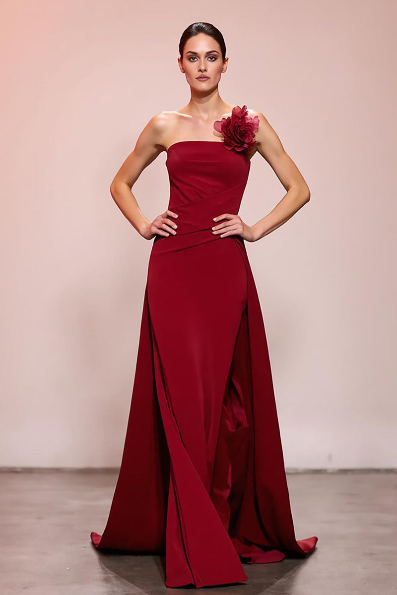 Load image into Gallery viewer, Red Floral Satin Sheath Strapless Ruched Long Evening Dress