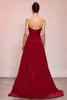Load image into Gallery viewer, Red Floral Satin Sheath Strapless Ruched Long Evening Dress