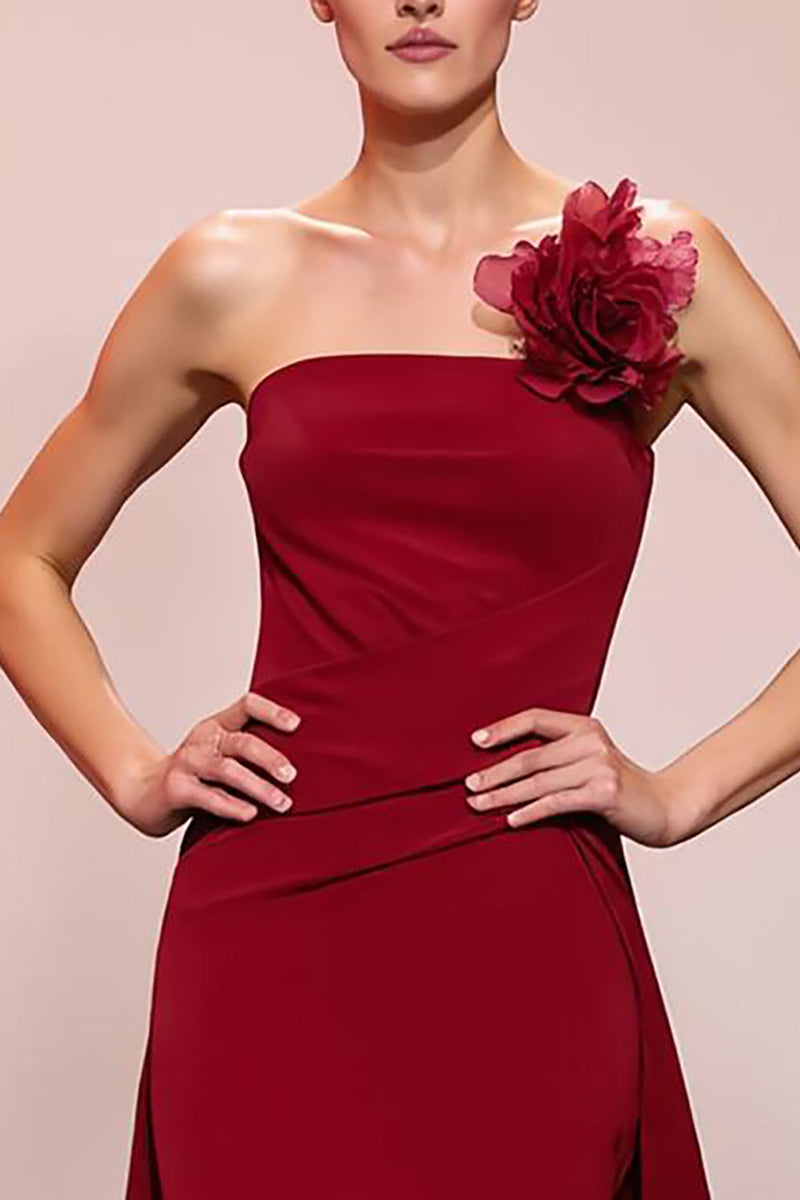 Load image into Gallery viewer, Red Floral Satin Sheath Strapless Ruched Long Evening Dress