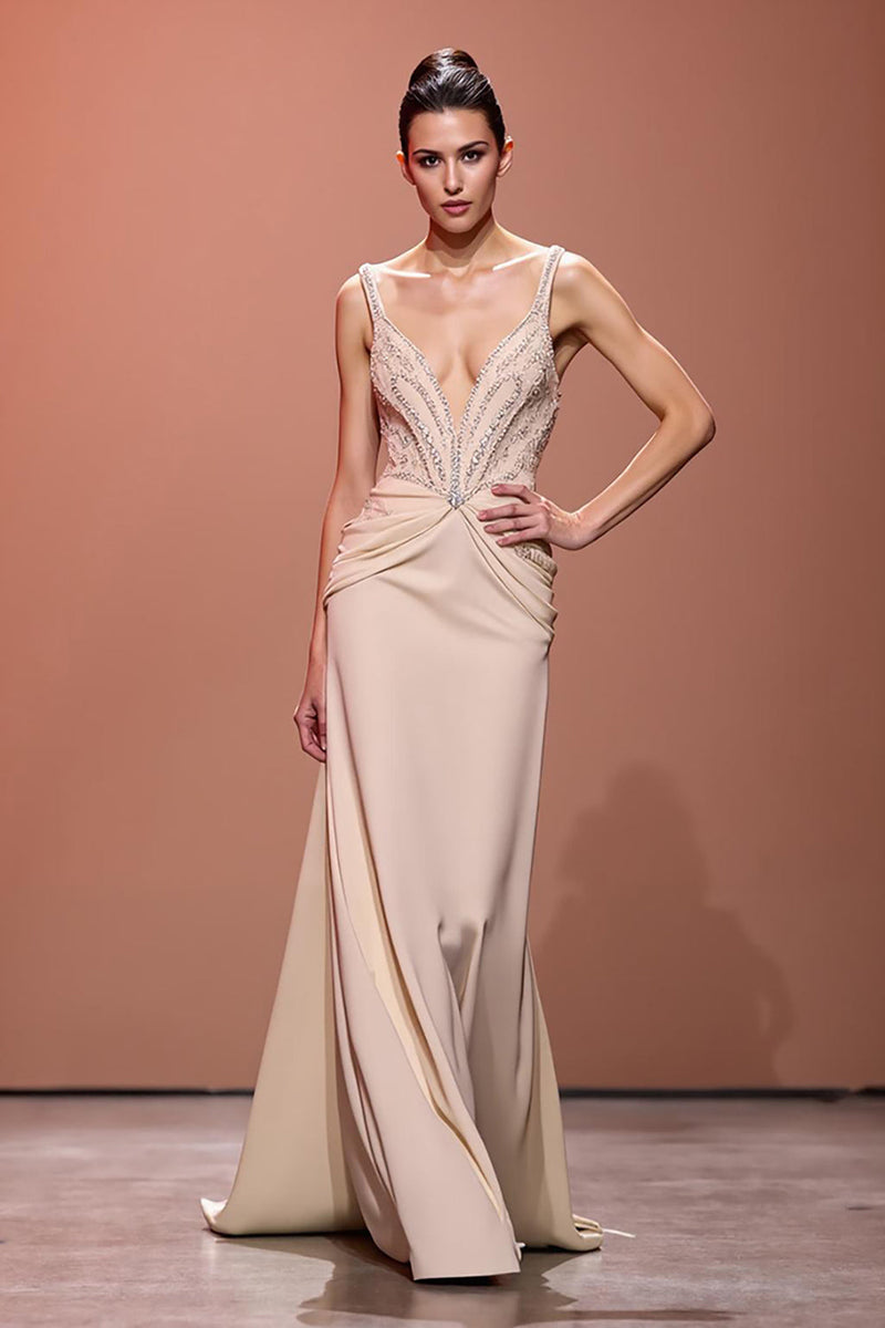 Load image into Gallery viewer, Sparkly Champagne Deep V-Neck Sheath Ruched Long Evening Dress