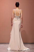 Load image into Gallery viewer, Sparkly Champagne Deep V-Neck Sheath Ruched Long Evening Dress