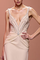 Load image into Gallery viewer, Sparkly Champagne Deep V-Neck Sheath Ruched Long Evening Dress