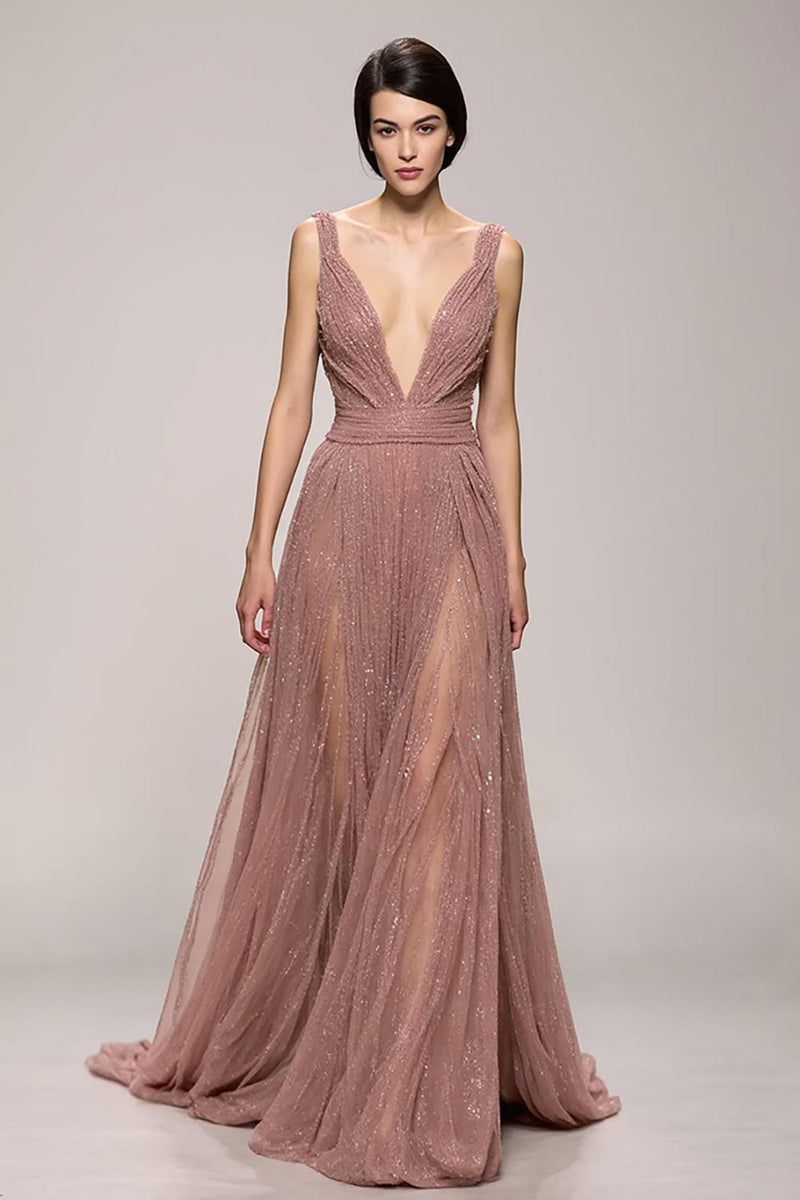 Load image into Gallery viewer, Sparkly Pink Ruched Deep V-Neck Long Evening Dress
