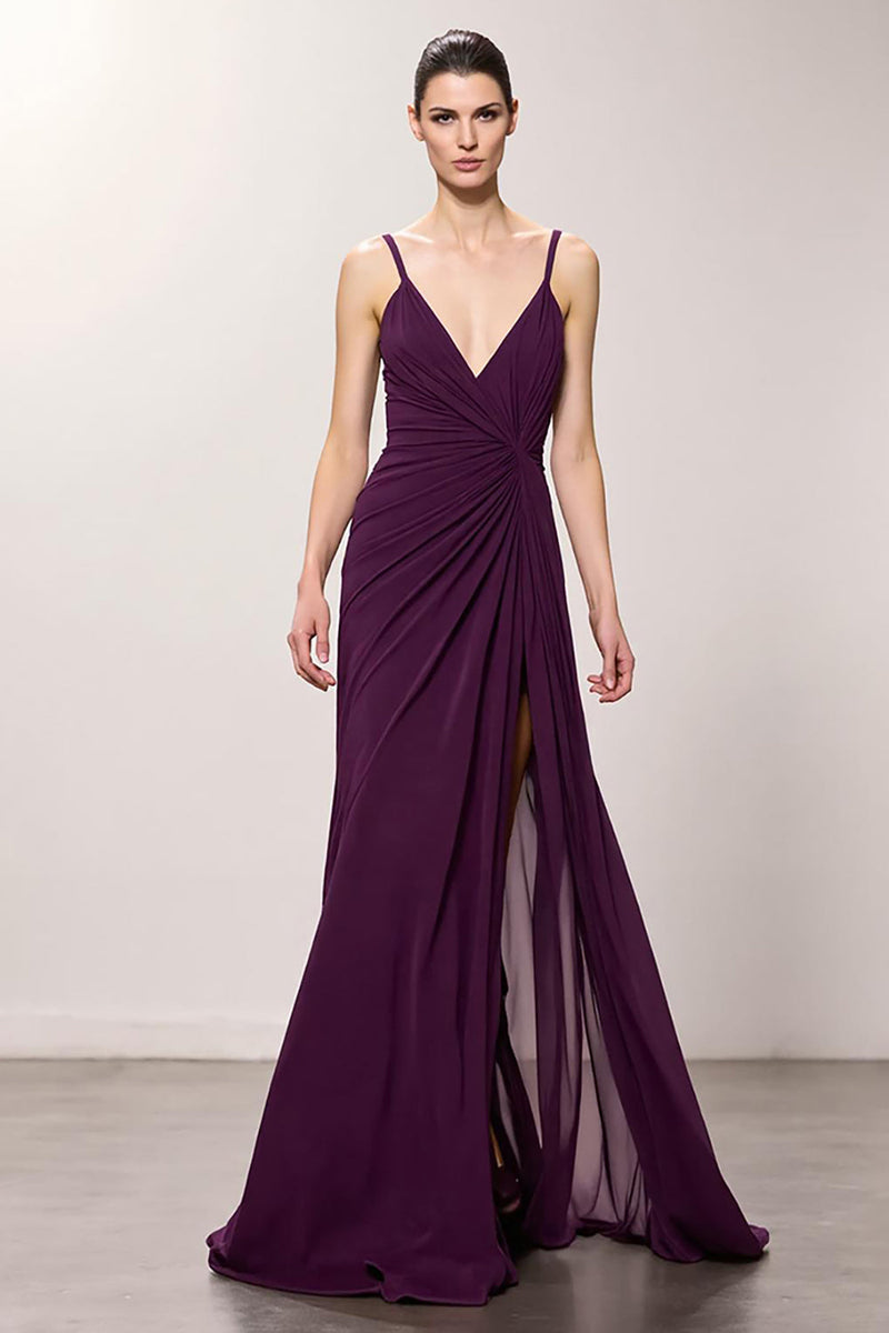 Load image into Gallery viewer, Purple Sheath Chiffon Ruched Long Evening Dress with Slit