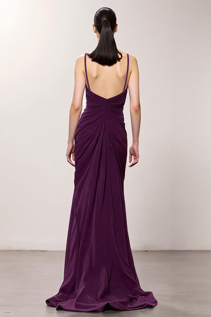 Load image into Gallery viewer, Purple Sheath Chiffon Ruched Long Evening Dress with Slit