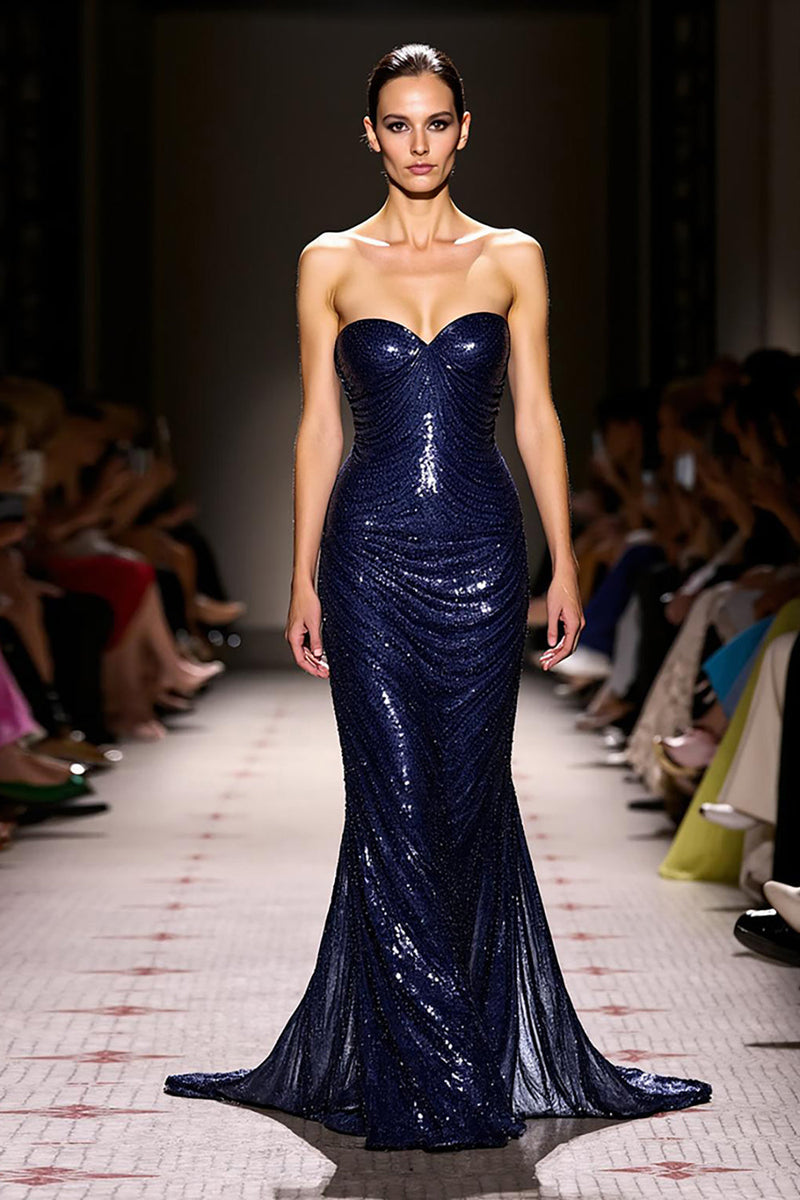 Load image into Gallery viewer, Sparkly Navy Sequin Mermaid Sweetheart Long Evening Dress