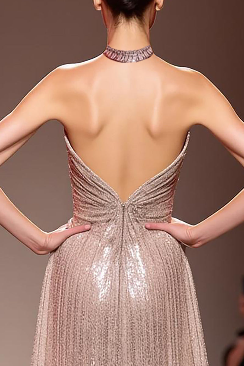 Load image into Gallery viewer, Sparkly Champagne Halter Sequin Backless Long Evening Dress