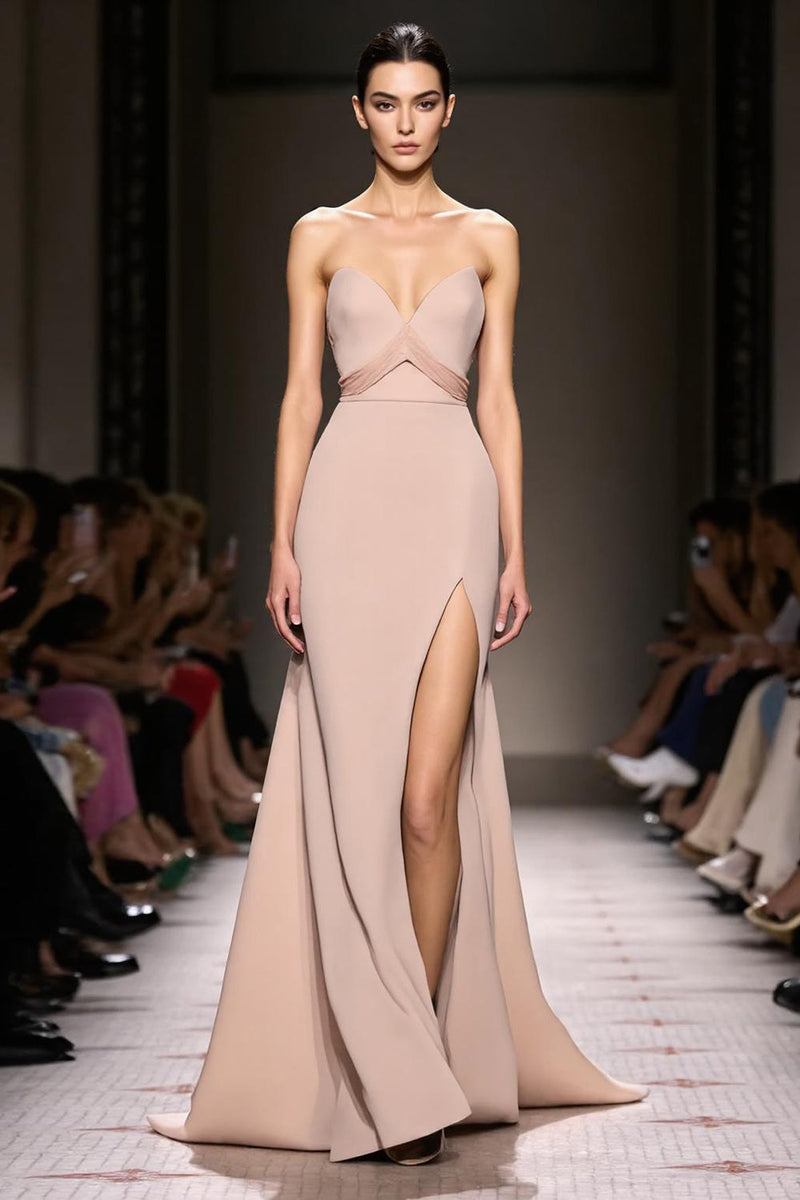 Load image into Gallery viewer, Simple Champagne Satin Strapless Sheath Long Evening Dress with Slit