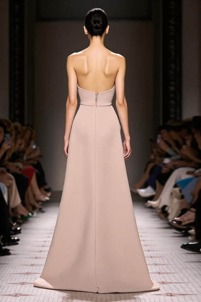 Load image into Gallery viewer, Simple Champagne Satin Strapless Sheath Long Evening Dress with Slit