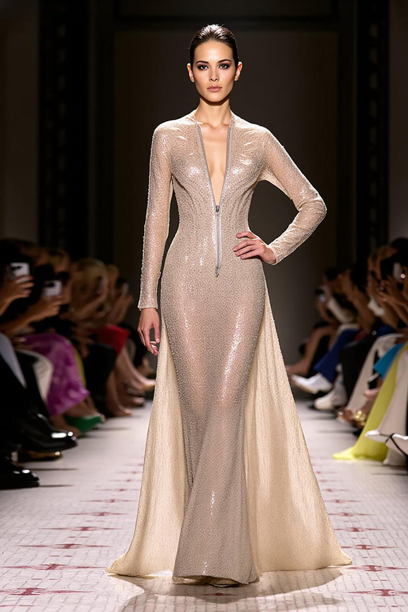 Load image into Gallery viewer, Sparkly Champagne Long Sleeves Mermaid Evening Dress with Zippers
